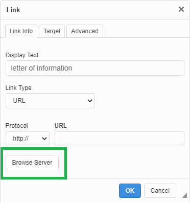 In the Link box, select Browse Server