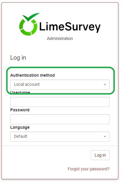 On the LimeSurvey administration page, select Local Account from the Authentication method drop-down. In the username and password fields, enter your LimeSurvey account username and password. Click on log in. 