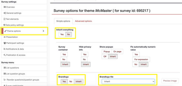 Survey theme options section, with yellow boxes enclosing options that need to be toggled to change the survey logo.
