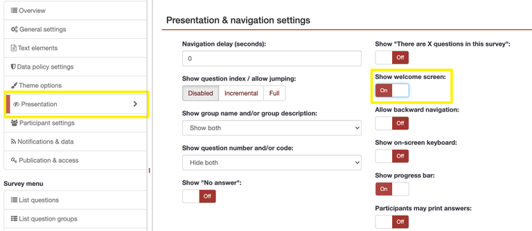 Survey settings menu, with Presentation option and Show welcome screen setting enclosed in yellow boxes.