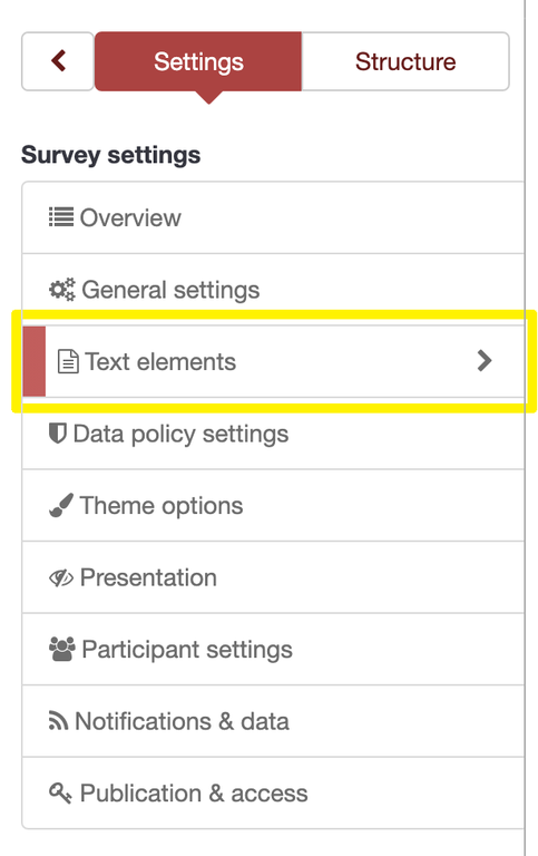 Survey settings menu, with Text elements option enclosed in a yellow box.