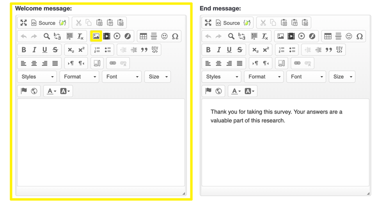 Survey text elements with welcome message field and image toolbox enclosed in yellow boxes.